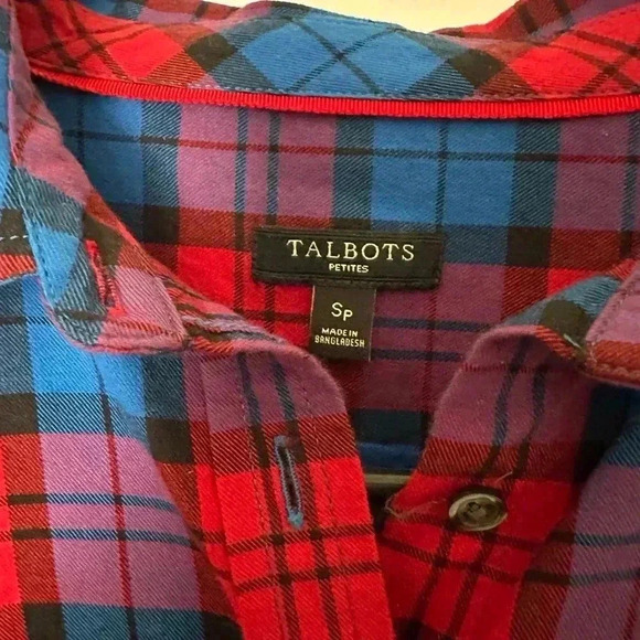 Women’s Talbots plaid button down in red, blue, purple, and black. Size Small P - Picture 3 of 11